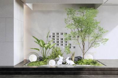 现代庭院景观小品 植物景观 雕塑小品 石头 景观树 灌木